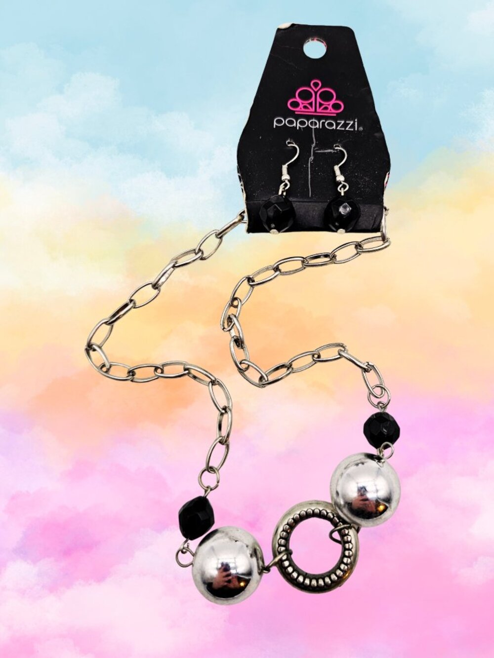 Paparazzi Silver Tone Necklace & Earrings Set Black Beads Circle Pendant